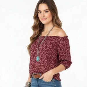 NWT Lucky Brand Burgundy Floral Off Shoulder Top Size L 100% Modal Short Sleeve